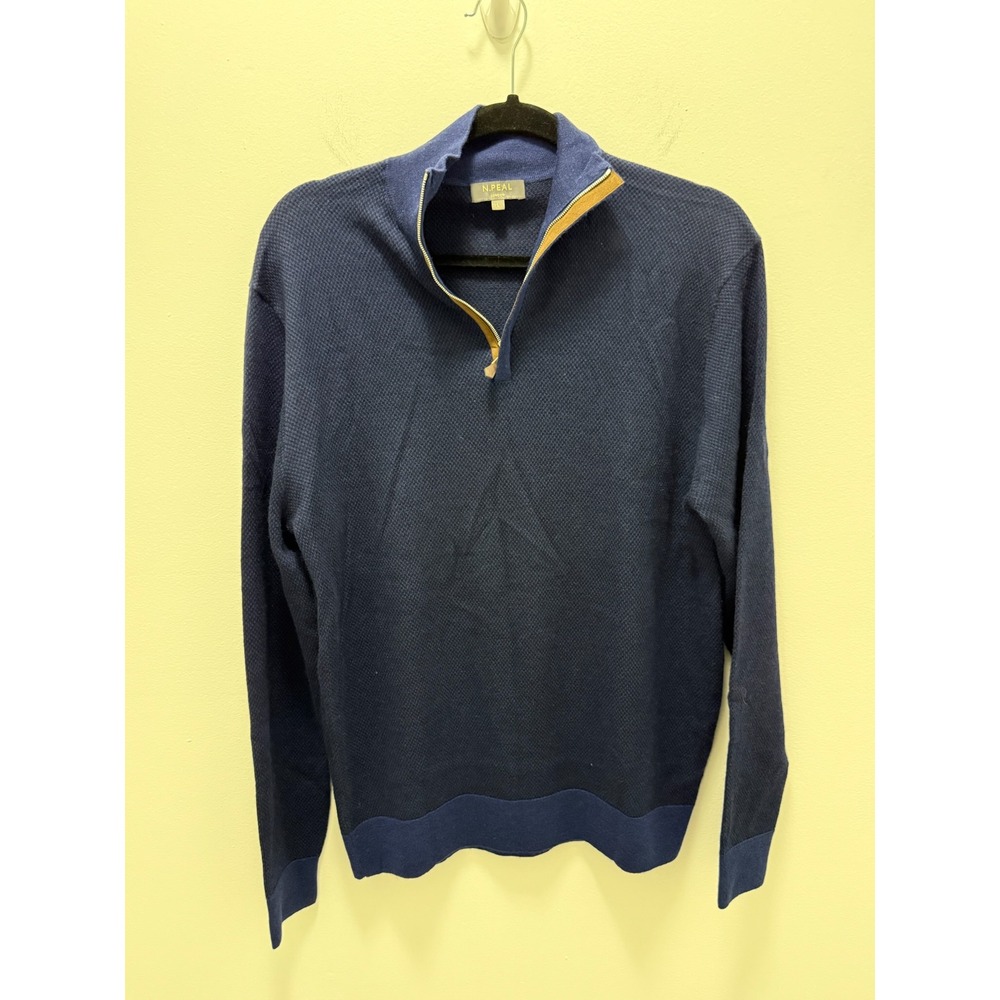 N.Peal London Mens Navy Blue Cashmere Silk Quarter Zip Sweater Large